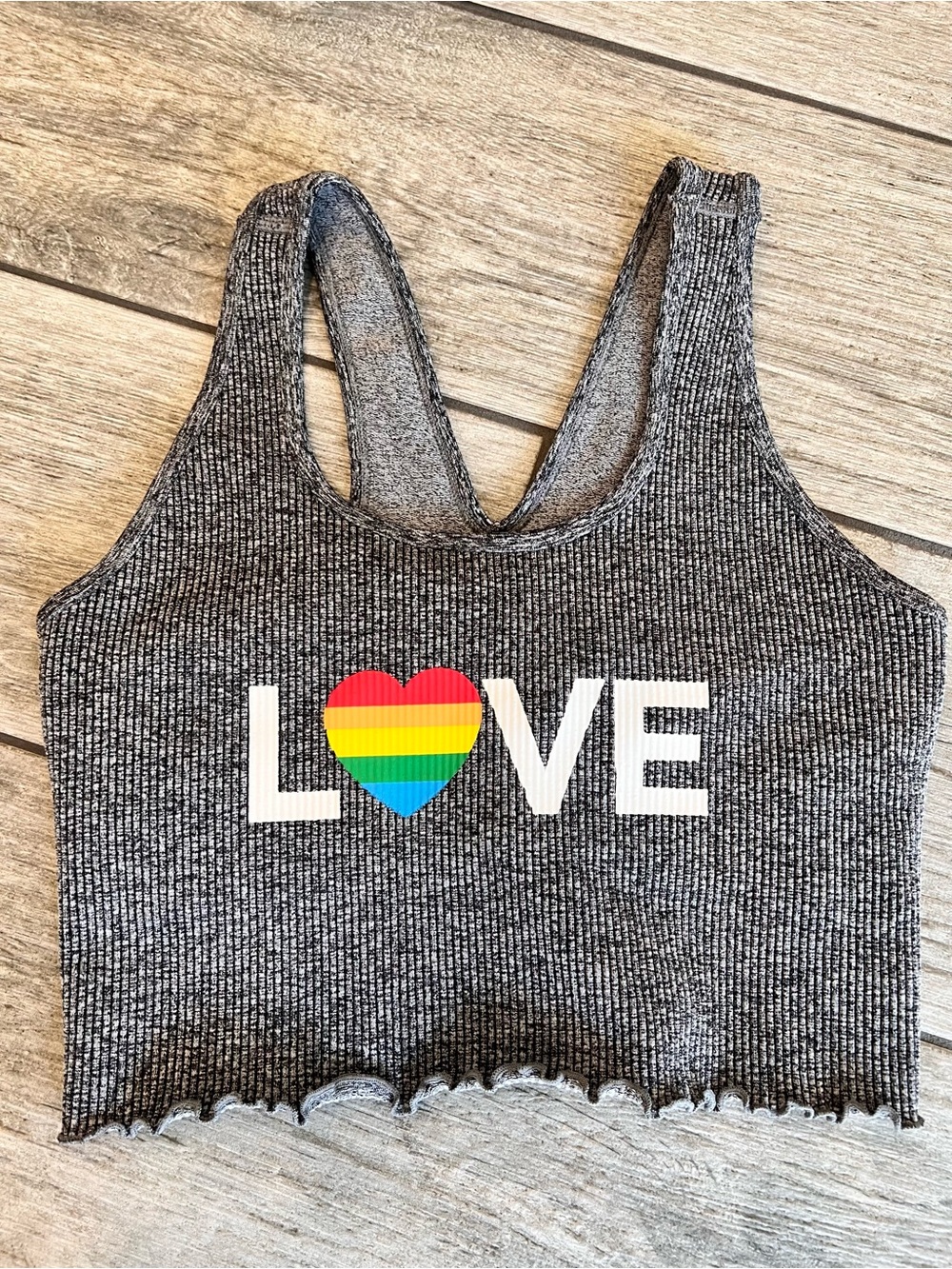 Spiritual Gangster Ribbed Crop Tank Top with Rainbow Heart LOVE Print M/L